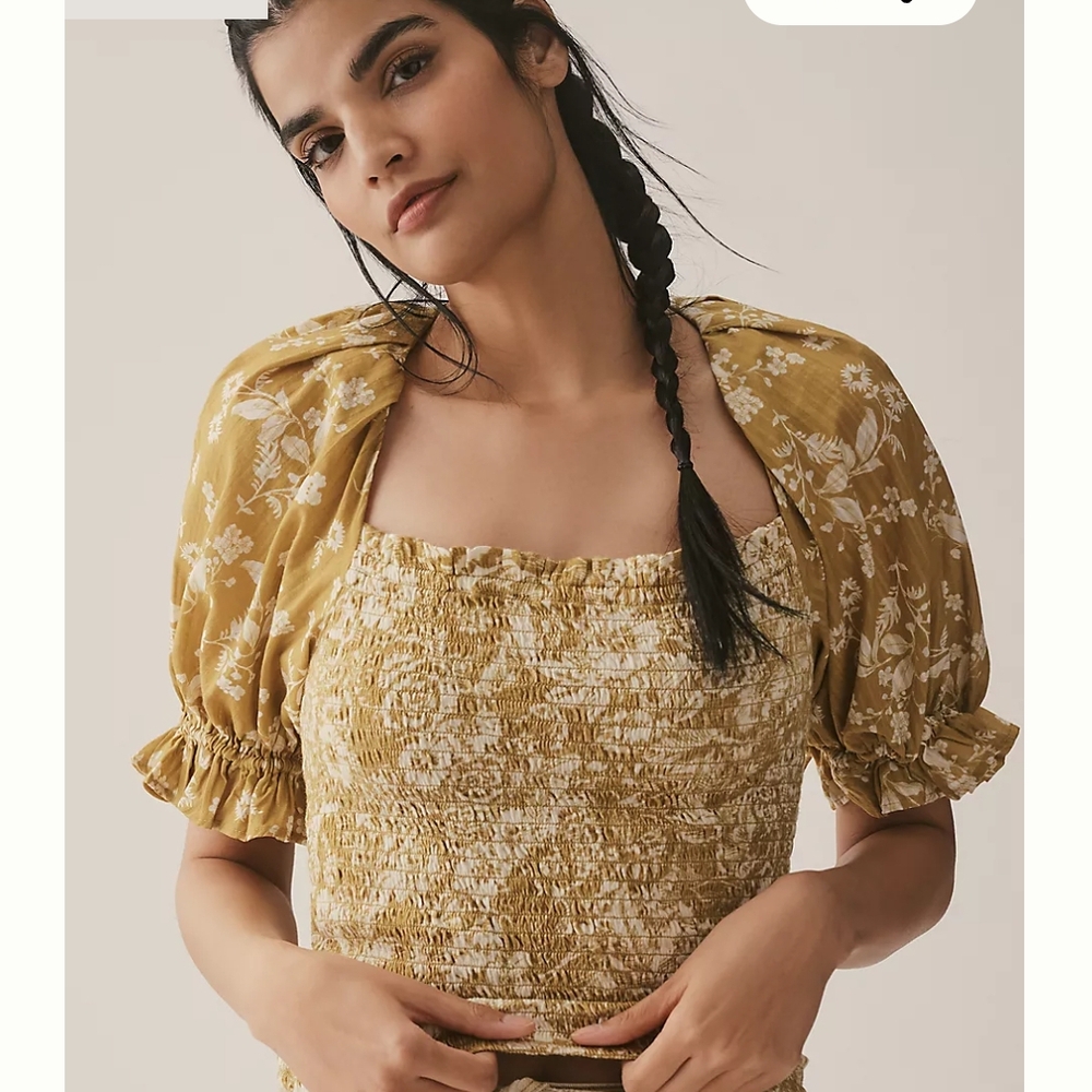 By Anthropologie Seersucker Smocked Puff-Sleeve Crop Top
